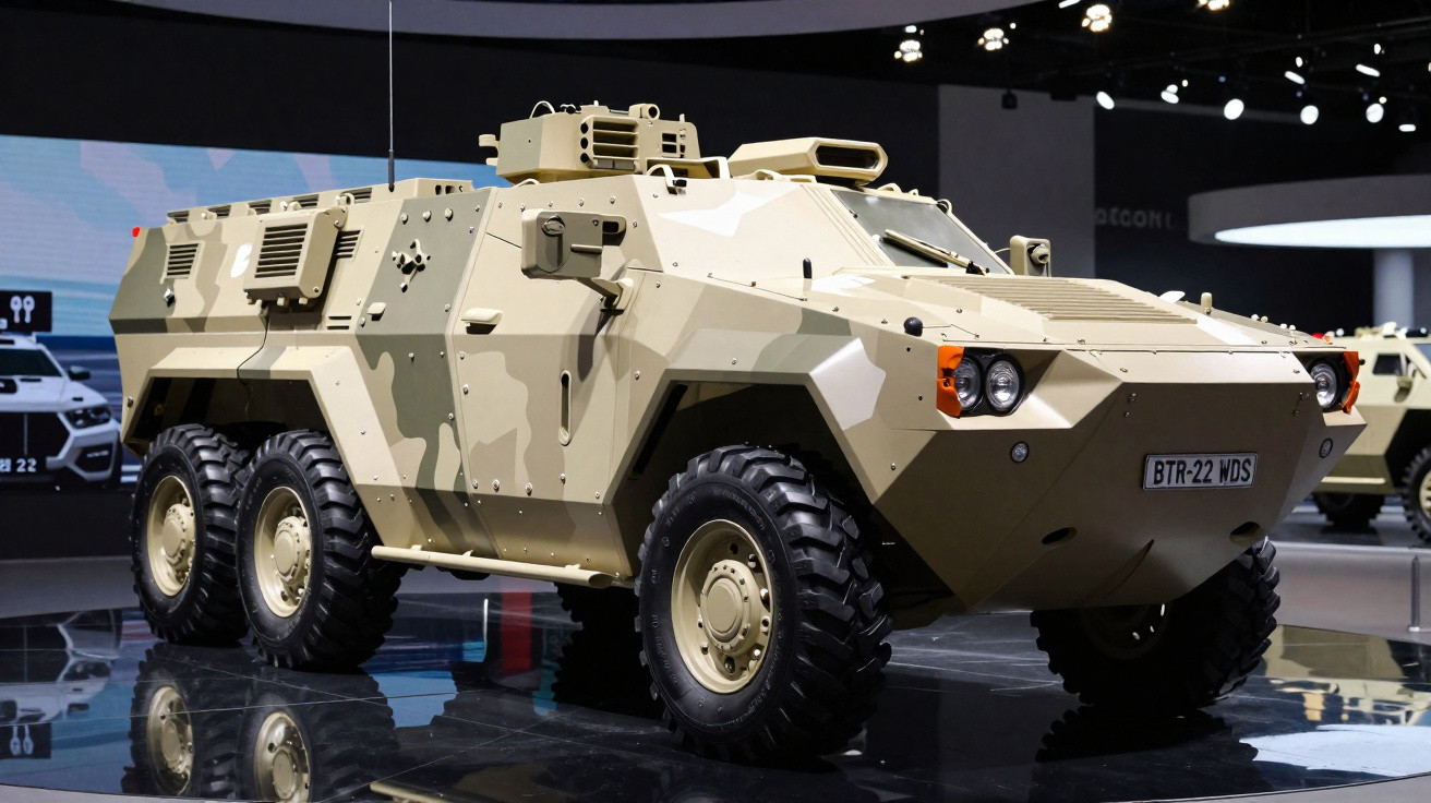 Veículo blindado militar 6x6 em exposição com pintura camuflada bege e detalhes industriais.