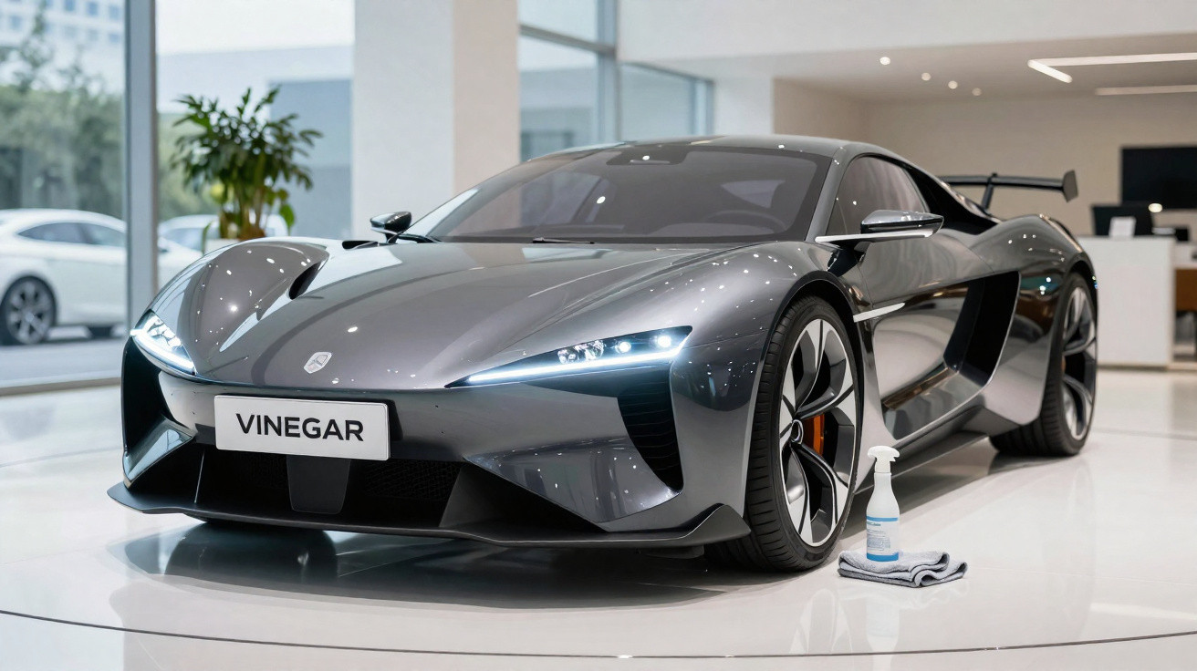 Carro esportivo cinza brilhante modelo Vinegar em exposição interna com pano e spray ao lado.