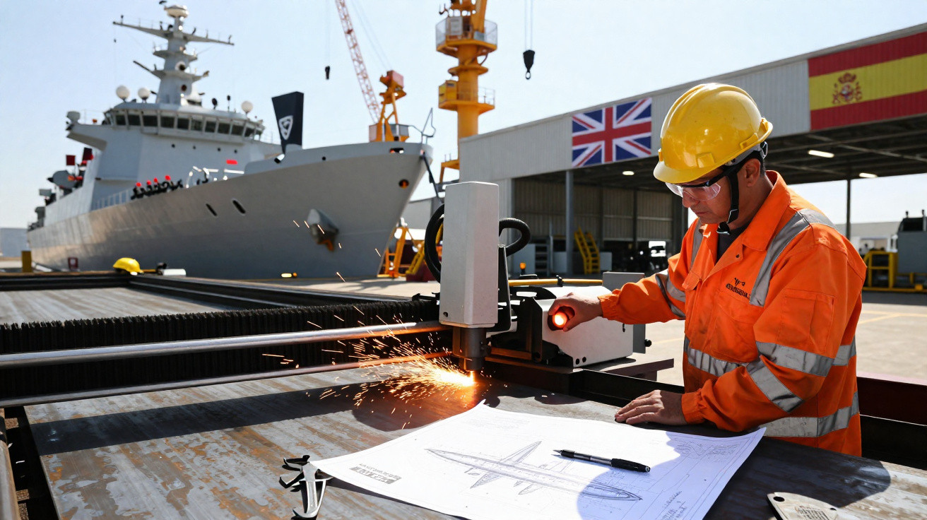 Trabalhador com capacete e colete laranja operando máquina de corte metal próximo a navio militar no cais.