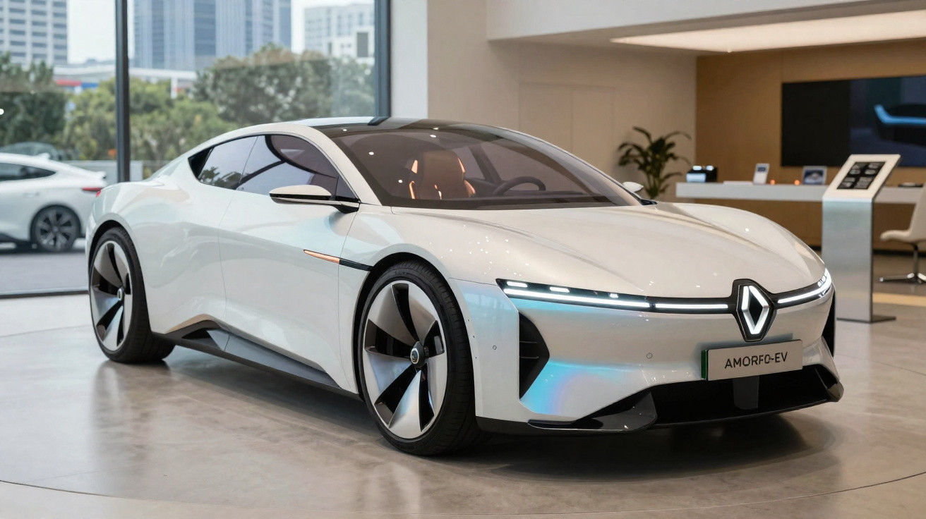 Carro elétrico branco Renault AMORFO-EV com design futurista em showroom moderno.