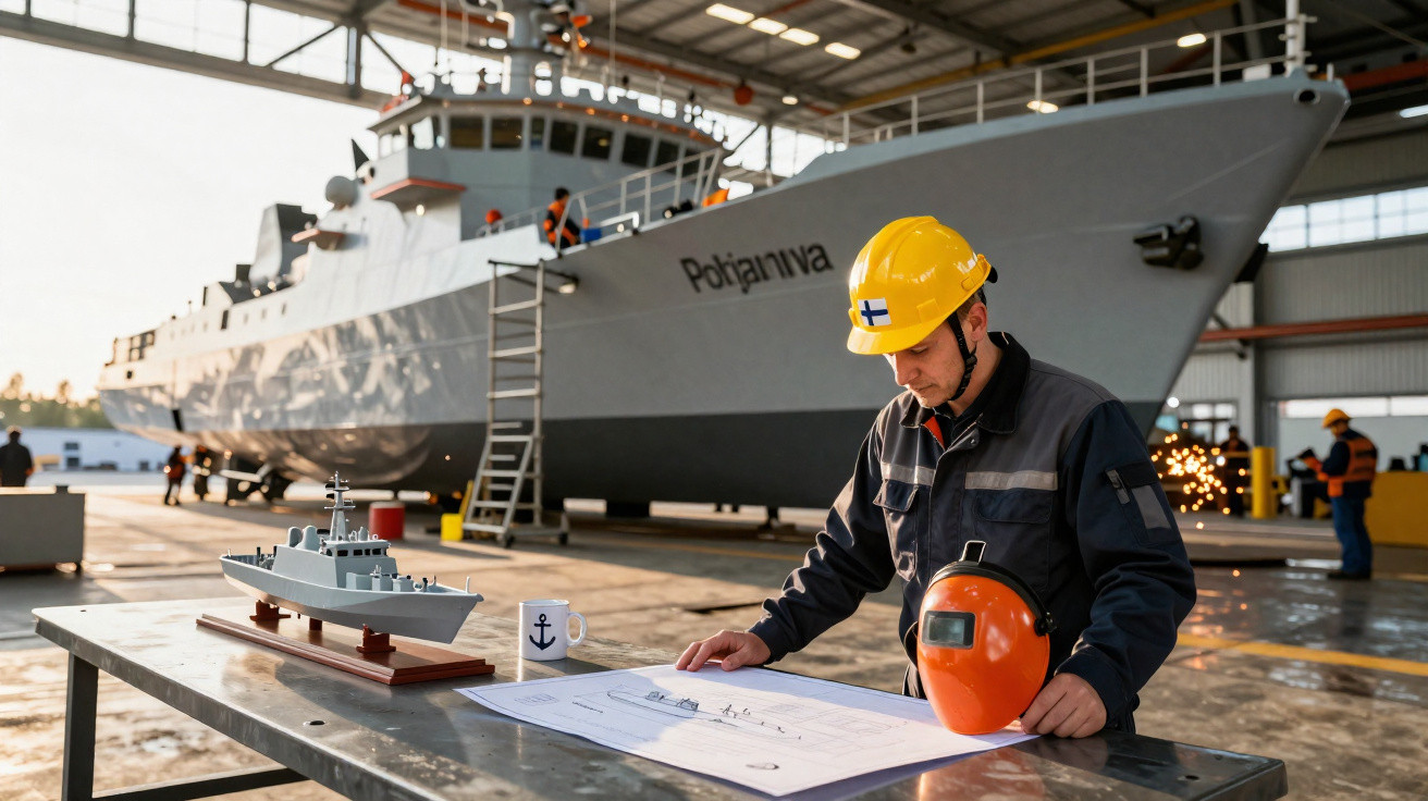 Engenheiro naval com capacete amarelo revisa planta ao lado de maquete de navio em estaleiro com embarcação ao fundo.