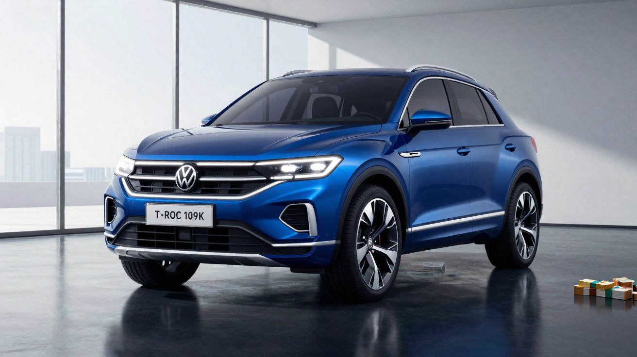 Carro SUV azul Volkswagen T-Roc 109K estacionado em ambiente moderno e iluminado.