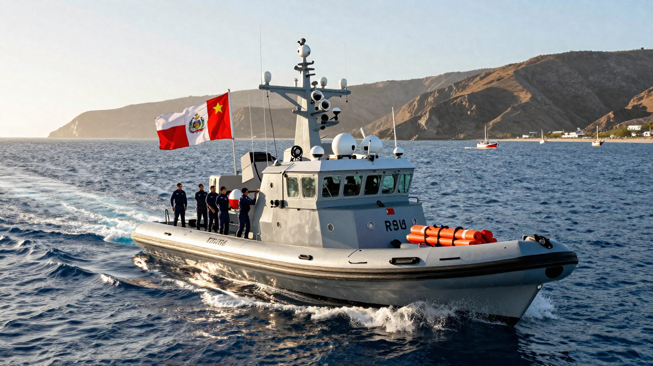 Barco da marinha com tripulação navegando em mar calmo próximo a costa montanhosa ao pôr do sol.
