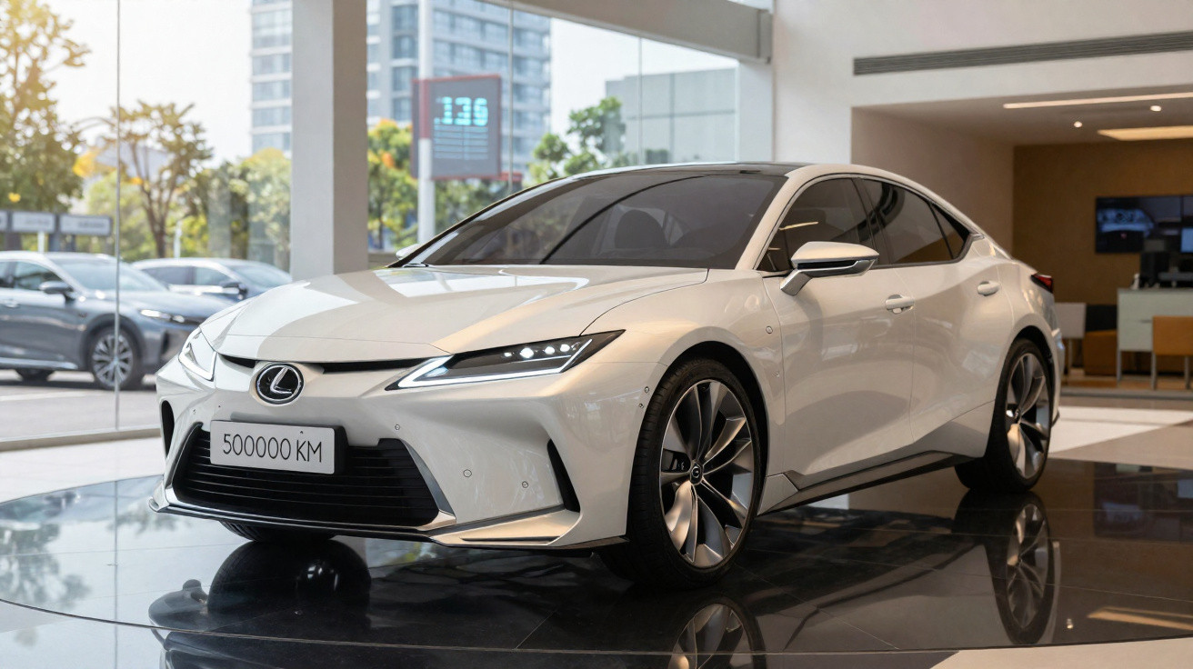 Carro branco Lexus sedan em exposição, placa com 500000 KM, ambiente interno de showroom moderno.