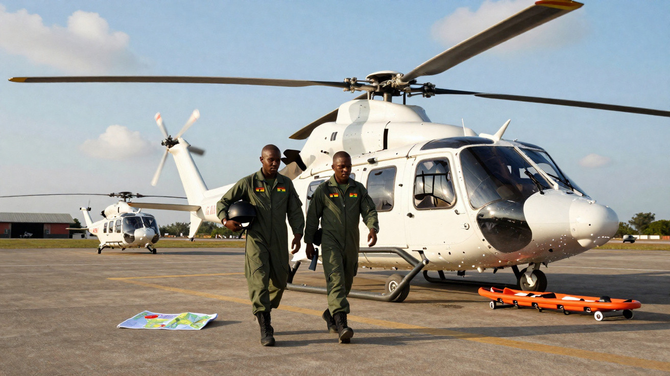 Dois pilotos uniformizados caminhando próximos a helicóptero branco em pista de pouso sob céu azul.