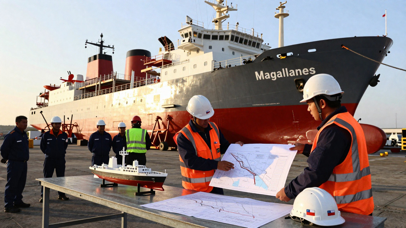 Funcionários com coletes e capacetes analisam mapas em mesa próxima a navio Magallanes atracado no porto.