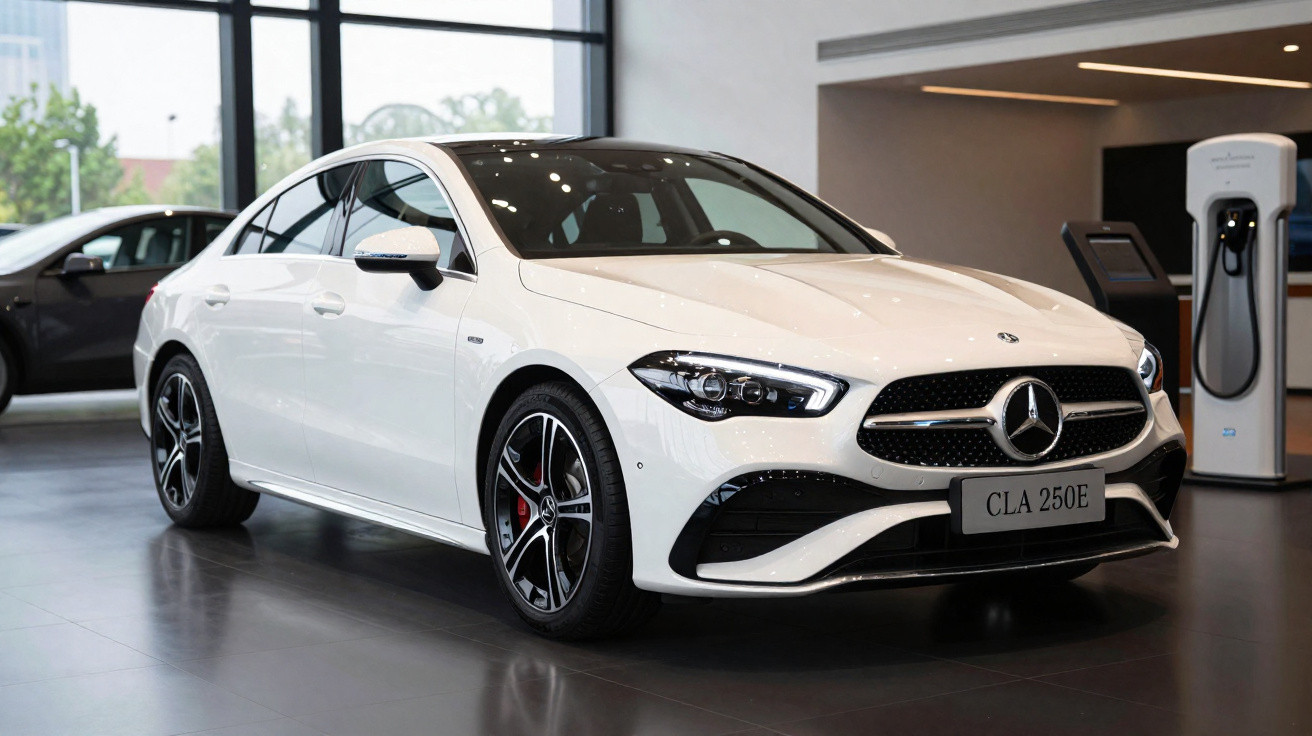 Carro Mercedes-Benz branco modelo CLA 250E estacionado em showroom moderno.