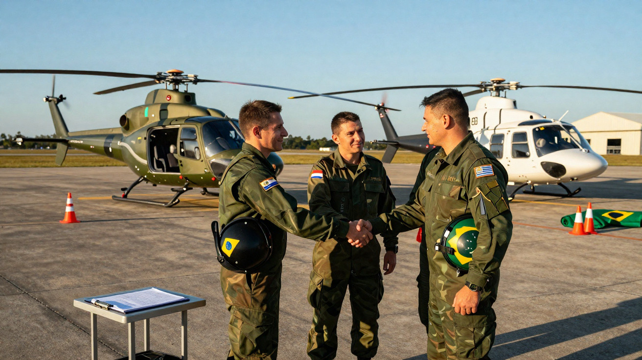 Três pilotos militares de uniformes verdes apertam as mãos em pista com dois helicópteros ao fundo.