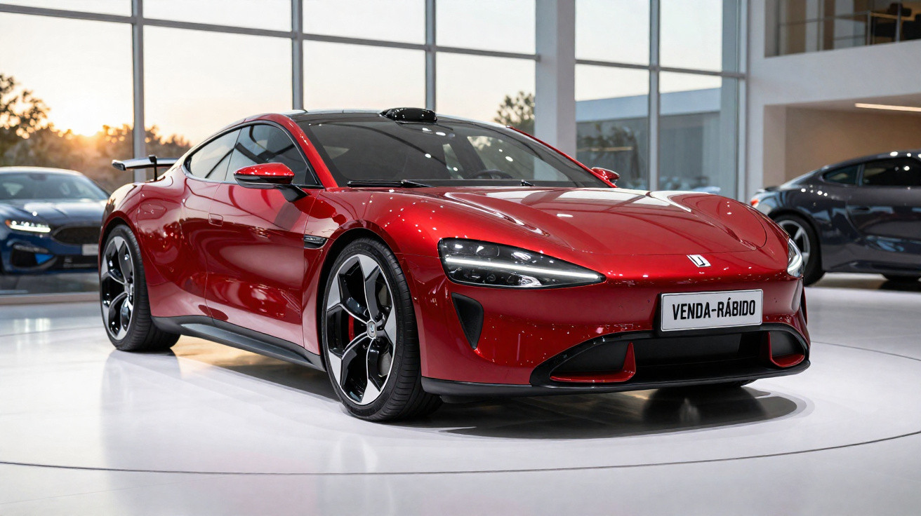 Carro esportivo vermelho com design moderno exibido em showroom com placas "Venda-Rápido".