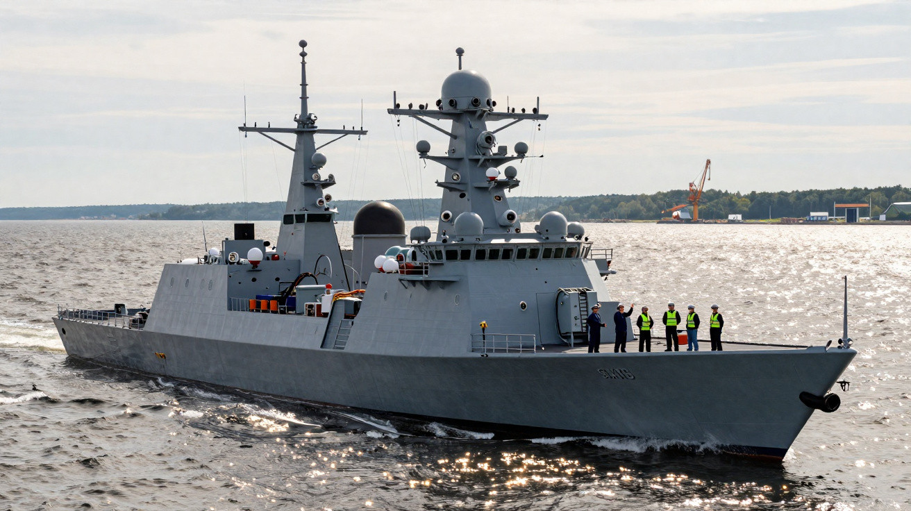 Navio de guerra cinza navegando no mar com seis tripulantes na proa e área portuária ao fundo.