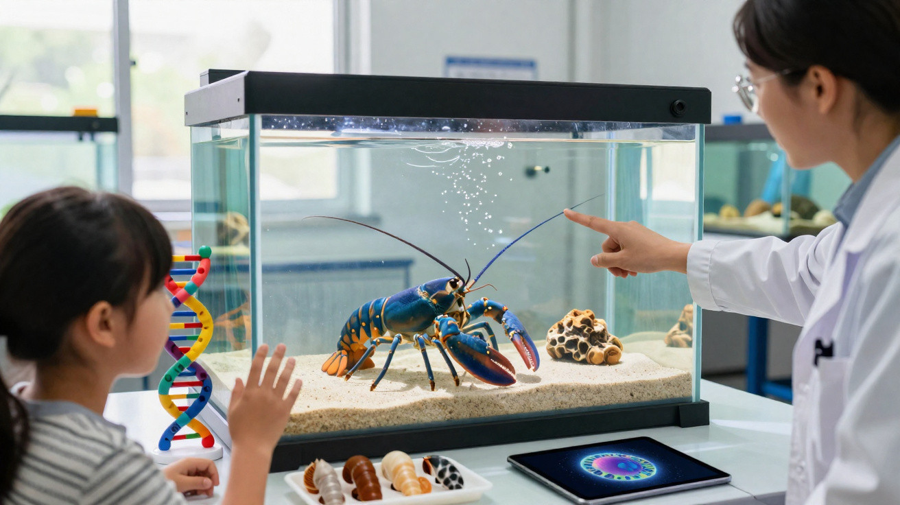 Cientista e criança observam lagosta azul em aquário, com modelo de DNA colorido e tablet na mesa.