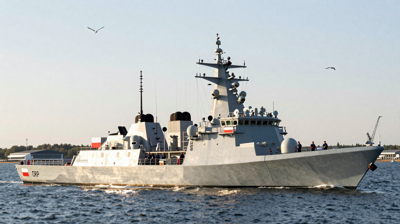 Navio de guerra cinza navegando no mar com pessoas no convés e gaivotas voando ao redor.