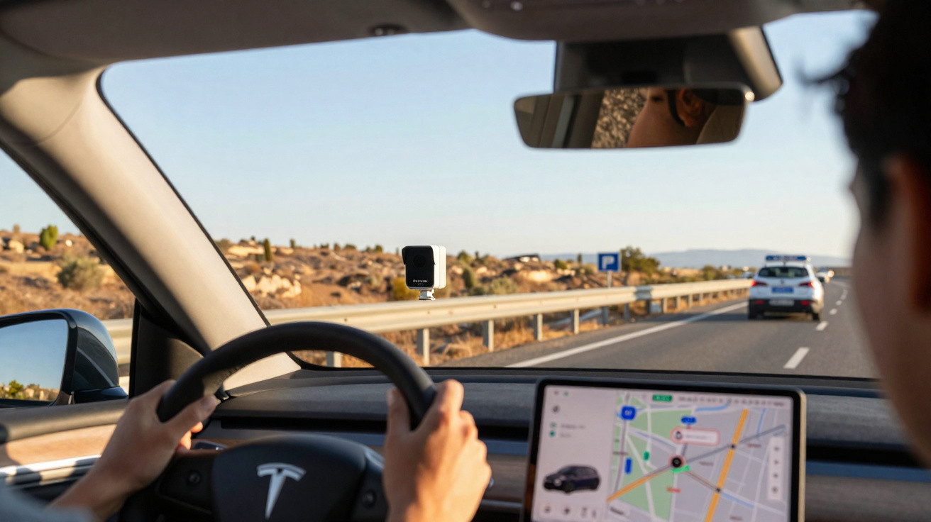 Pessoa dirigindo carro Tesla com navegador aberto em estrada deserta e paisagem seca ao fundo.