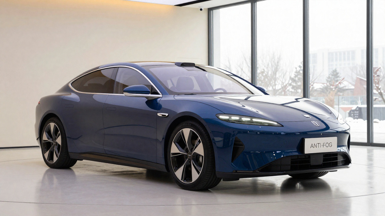 Carro elétrico azul escuro em showroom com janelas amplas mostrando paisagem de inverno.