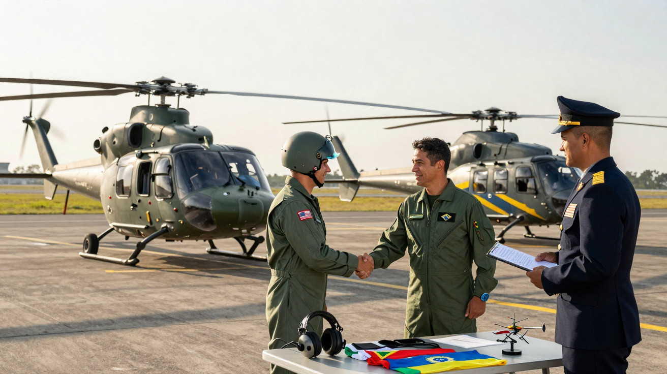 Dois pilotos militares apertam as mãos em pista de helicóptero com oficial observando ao lado.