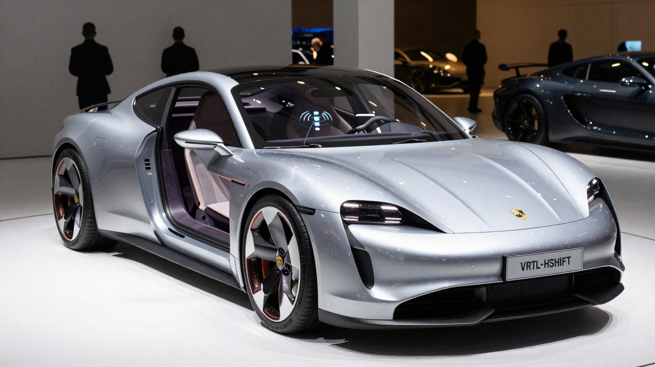 Carro esportivo prata com design futurista exposto em salão, com portas abertas e interior visível.