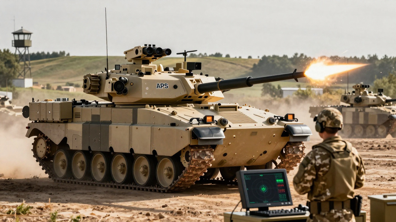 Tanque de guerra disparando durante exercício militar com soldado e equipamento de controle ao lado.