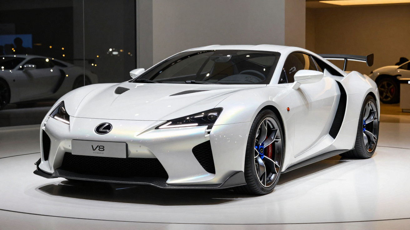 Carro esportivo branco Lexus V8 em exposição com design aerodinâmico e rodas pretas com detalhes azuis.