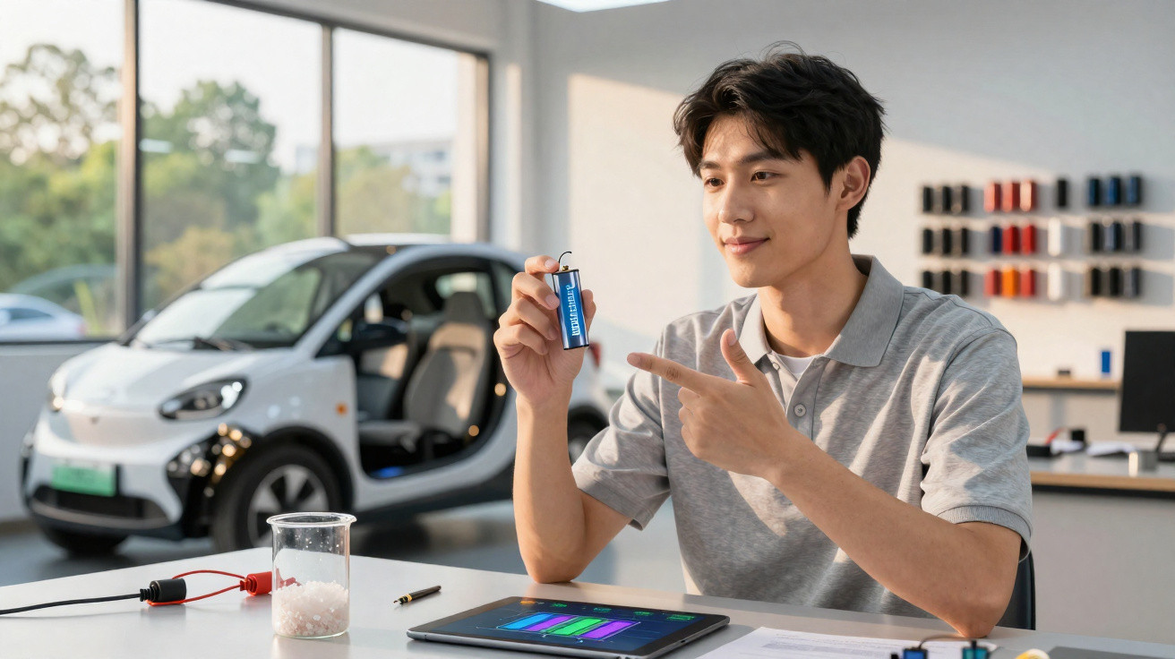 Jovem sorri segurando bateria próxima a carro elétrico em ambiente de laboratório ou oficina.