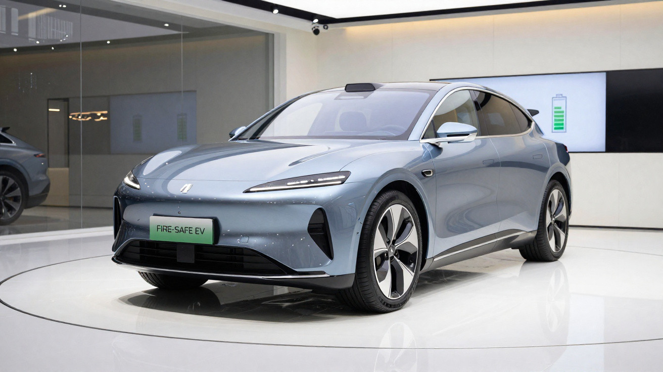 Carro elétrico cinza metálico exibido em showroom moderno com iluminação branca e parede com tela digital.