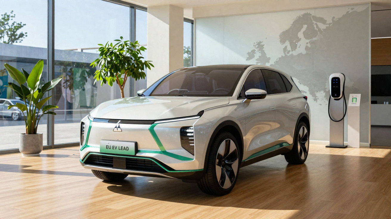 Carro elétrico Mitsubishi EU EV LEAD branco em showroom moderno com parede de vidro e carregador elétrico.