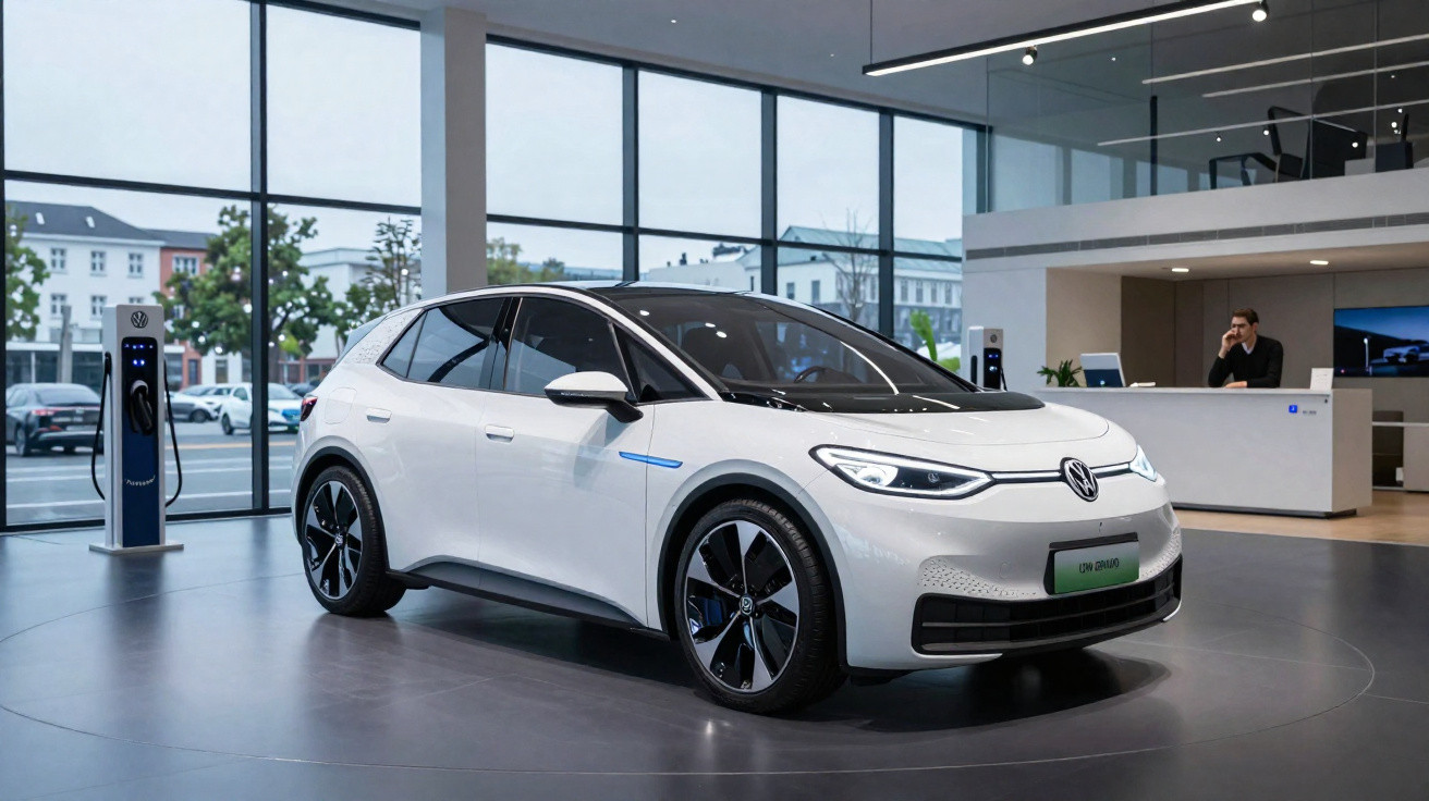 Carro elétrico branco Volkswagen em exibição dentro de showroom moderno com estações de recarga ao fundo.