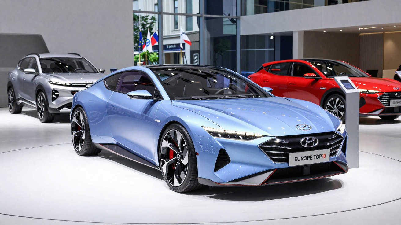 Carro esportivo azul em exposição ao lado de dois SUVs, um prata e outro vermelho, em showroom moderno.
