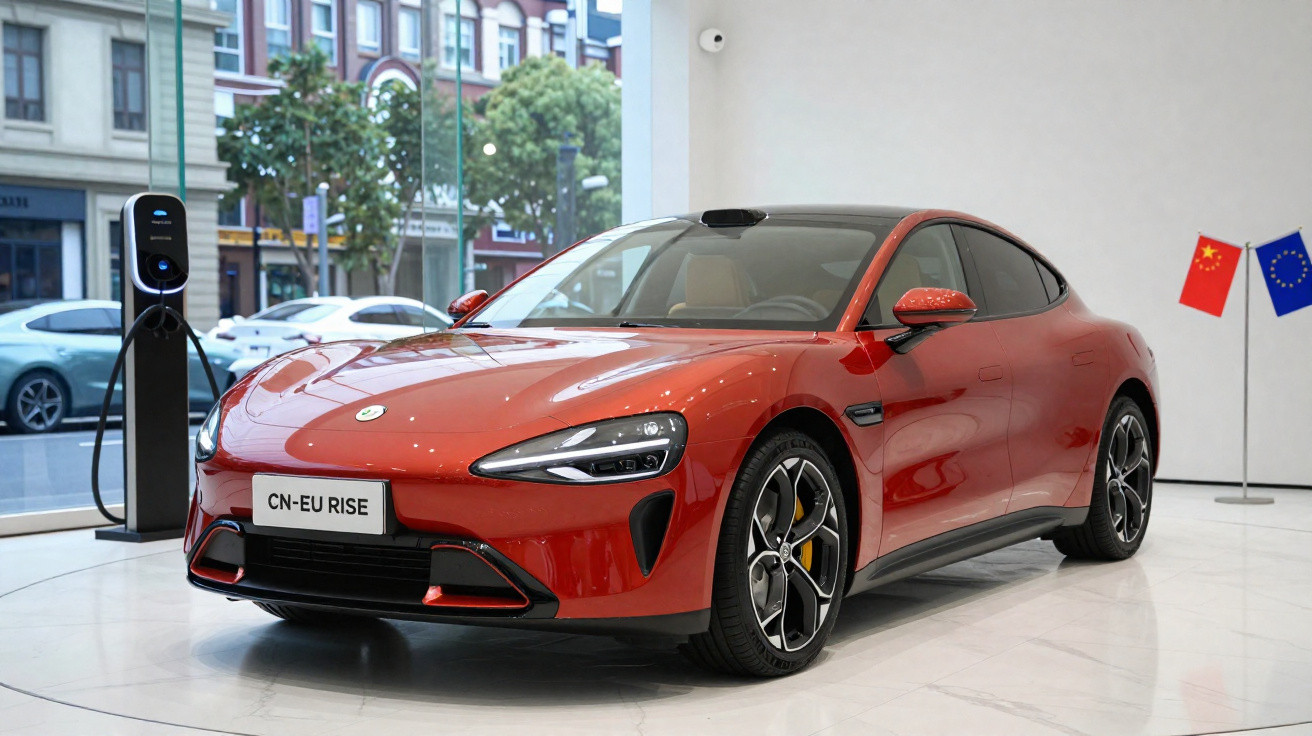 Carro esportivo elétrico vermelho estacionado em showroom ao lado de estação de recarga e bandeiras da China e da União Europ