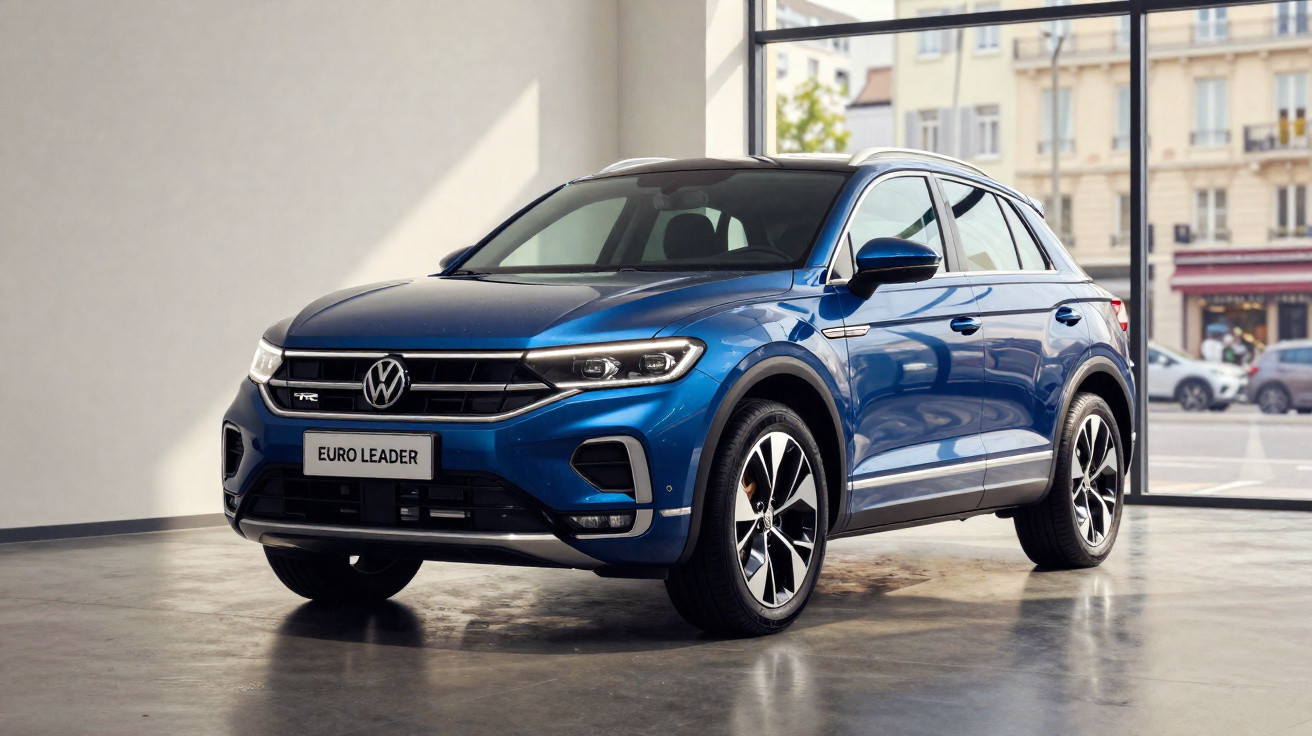 Carro Volkswagen azul modelo SUV estacionado em ambiente interno com janelas amplas ao fundo.