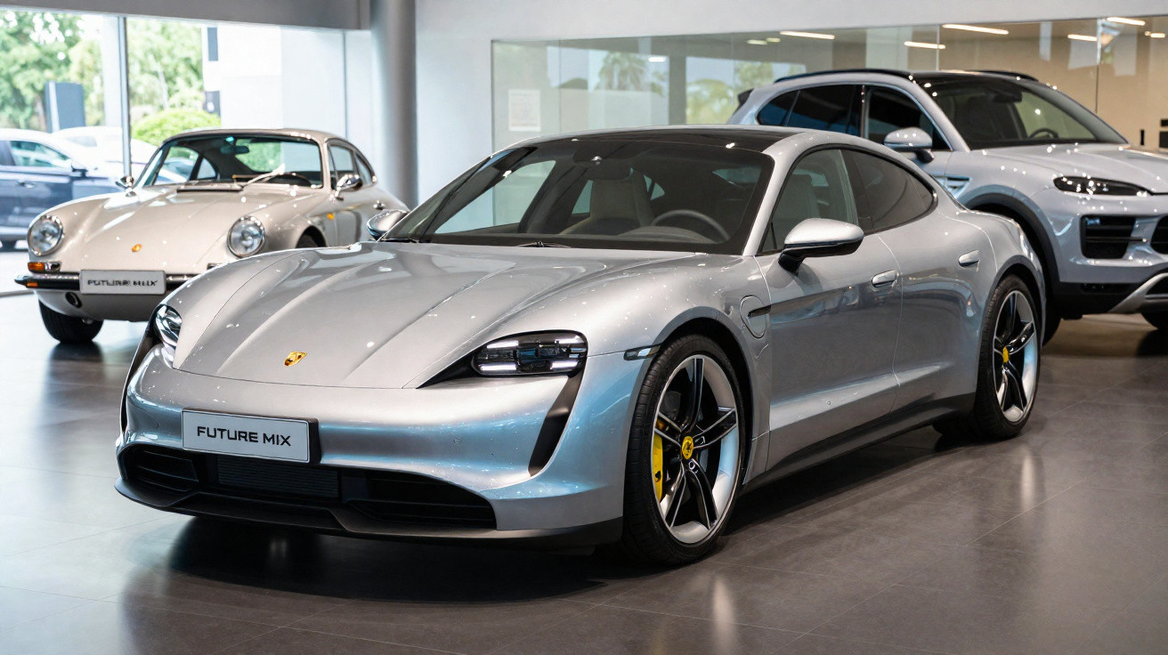 Carro esportivo Porsche prata estacionado em showroom com outros veículos ao fundo.