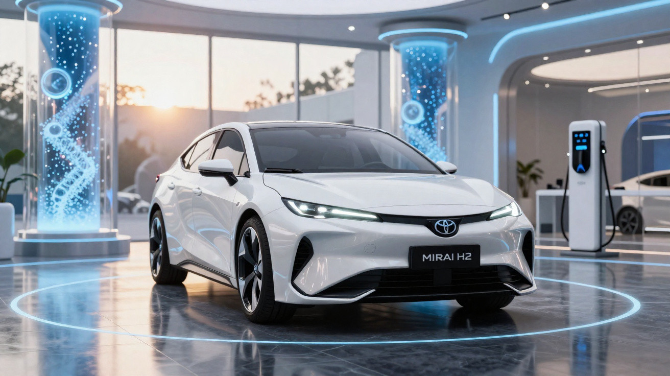 Carro elétrico Toyota Mirai H2 branco em ambiente futurista com iluminação azul e carregador ao fundo.
