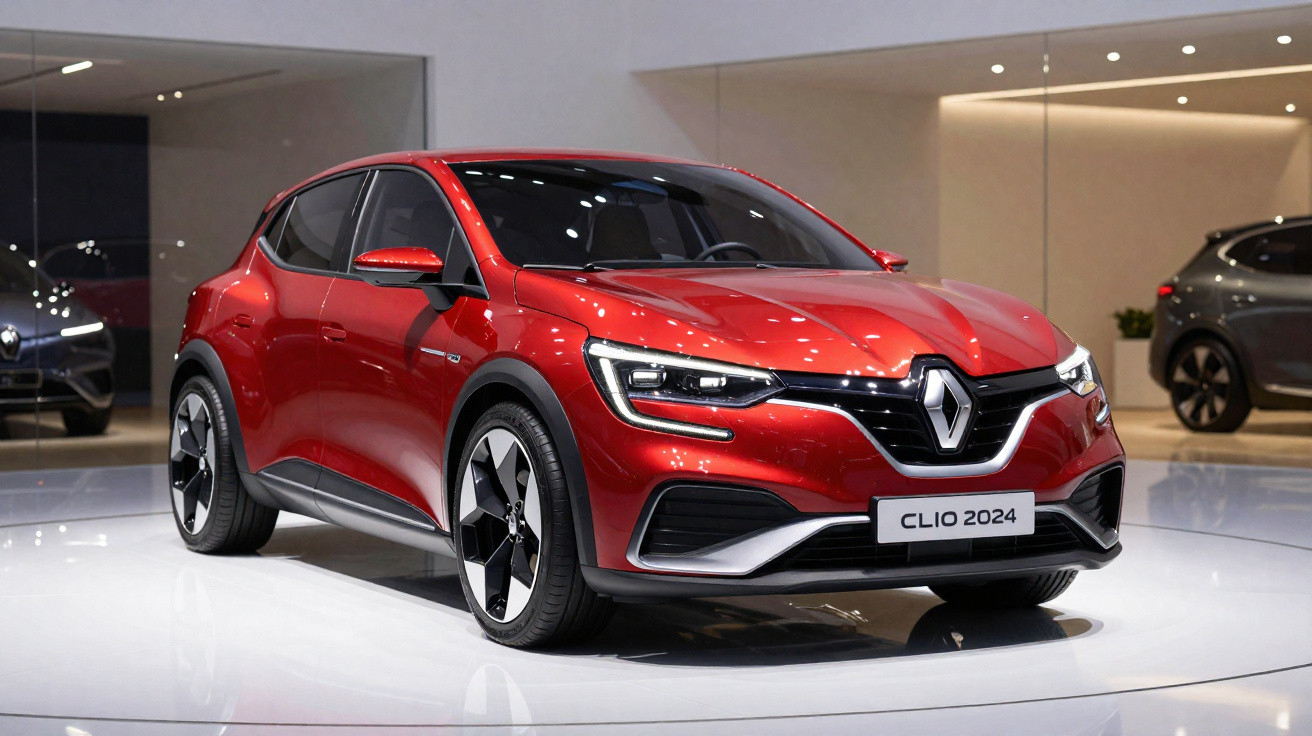 Carro hatchback Renault Clio 2024 vermelho exibido em ambiente interno de showroom.