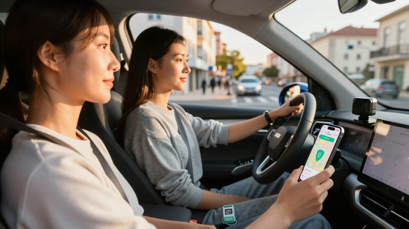 Duas mulheres dentro de um carro, uma dirige enquanto a outra segura um celular com aplicativo de mapa aberto.