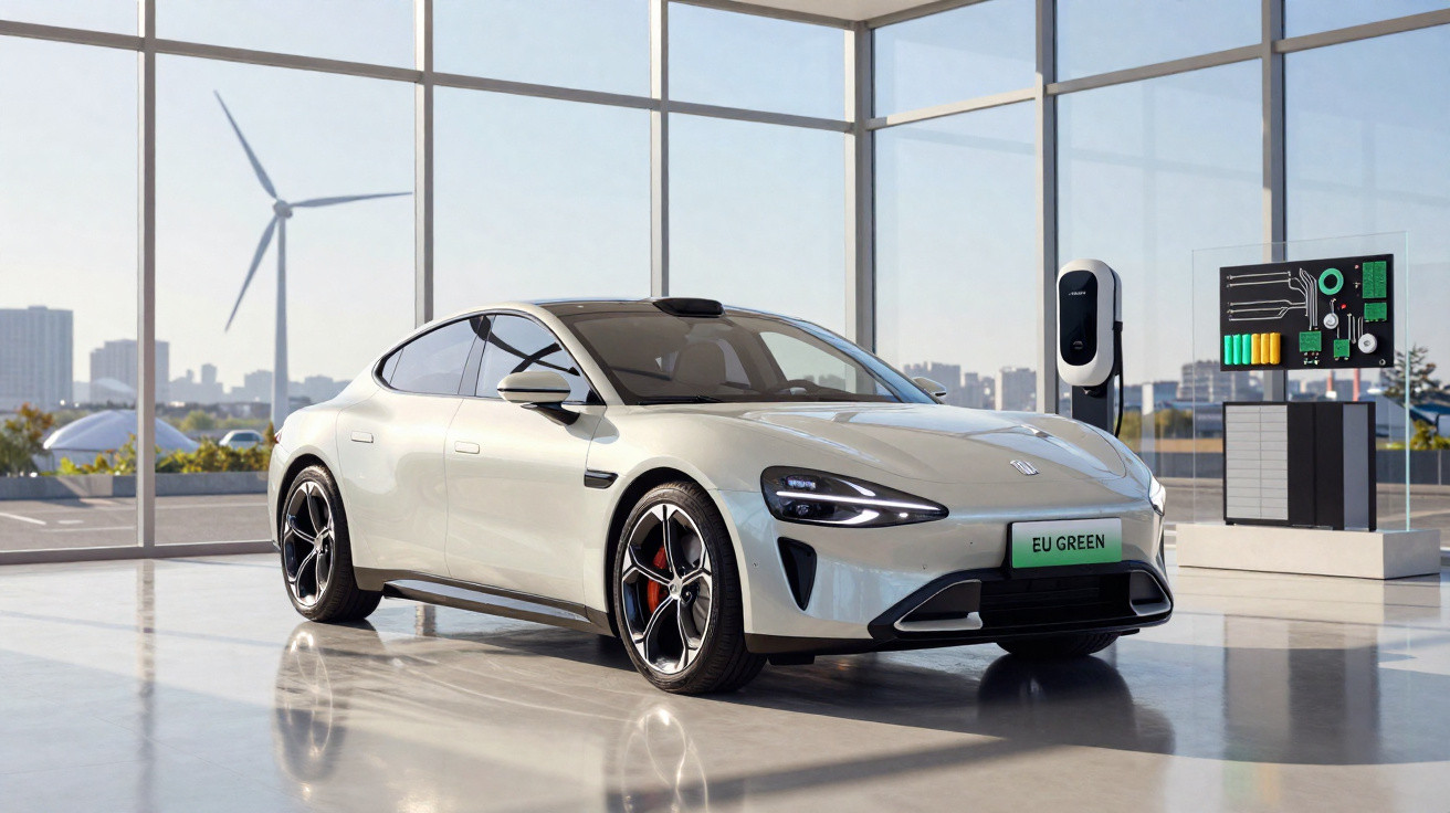 Carro elétrico branco em showroom moderno com turbina eólica na paisagem urbana ao fundo.