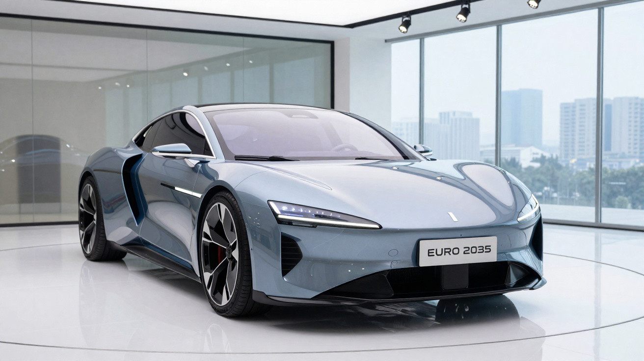Carro esportivo cinza futurista modelo Euro 2035 em showroom com grandes janelas e vista urbana.