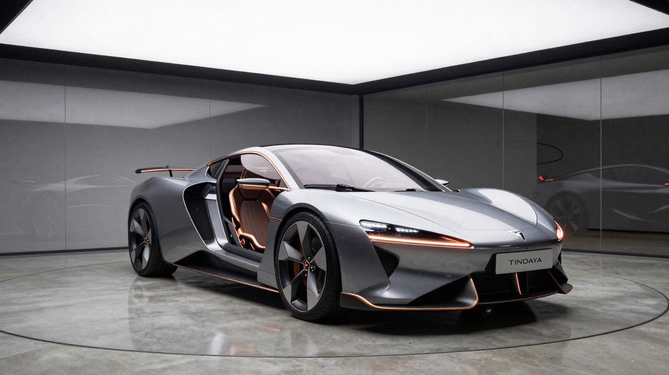 Carro esportivo cinza com design futurista em showroom moderno com portas abertas e iluminação uniforme.