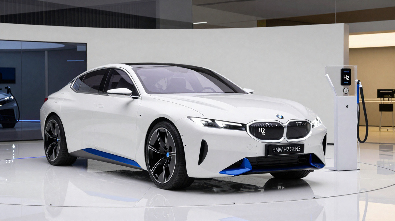 Carro BMW branco modelo H2 GEN3 elétrico estacionado ao lado de posto de recarga de hidrogênio.
