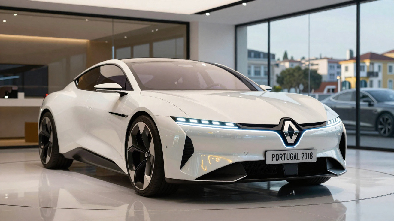 Carro esportivo branco da Renault exibido em showroom moderno com iluminação natural e placa Portugal 2018.