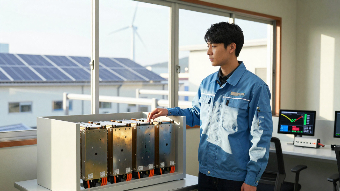 Homem em uniforme azul inspeciona baterias em laboratório com painel solar e turbina eólica ao fundo.