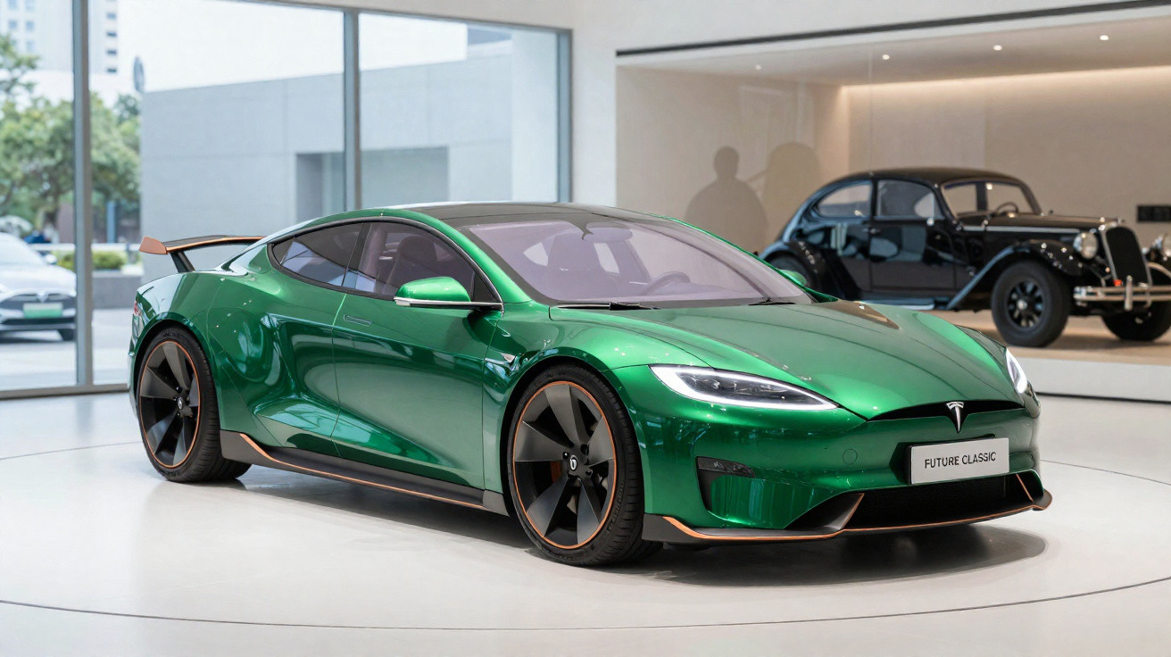 Carro esportivo verde Tesla modelo Future Classic exposto em salão moderno com carro clássico ao fundo.