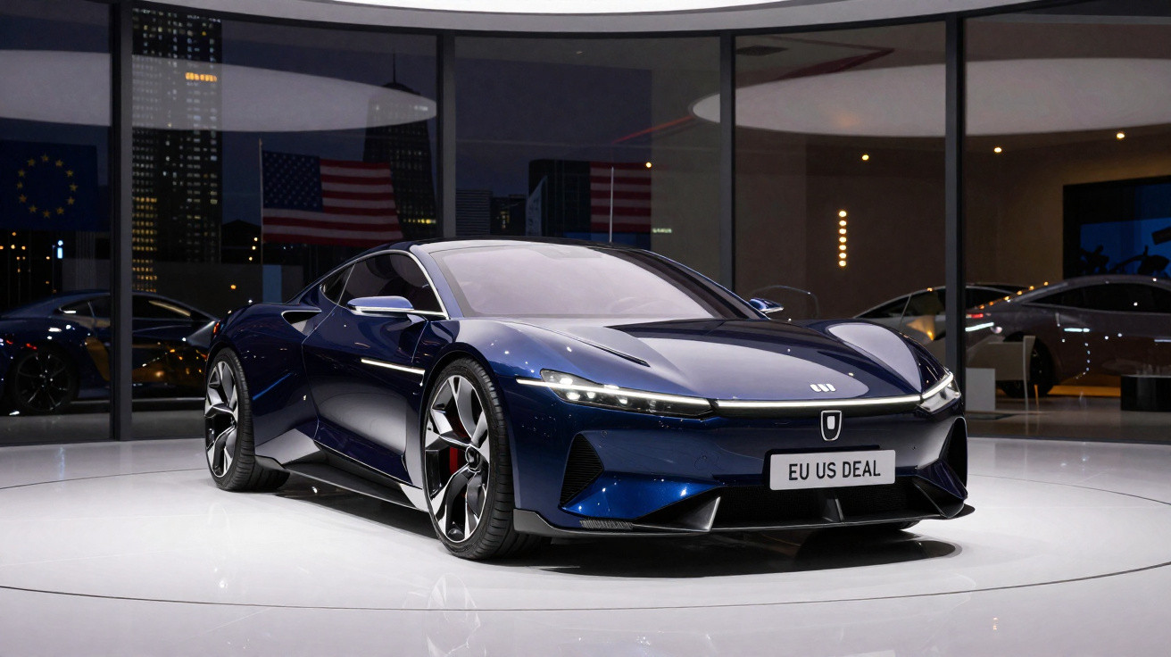 Carro esportivo azul metálico exposto em salão moderno com placas e bandeiras dos EUA e UE ao fundo.
