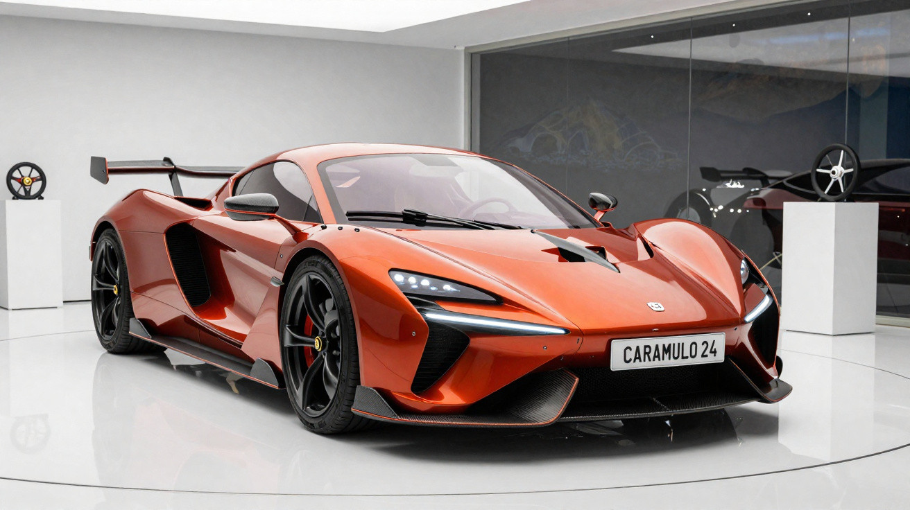 Carro esportivo laranja metálico com design futurista em exposição interna com placa Caramulo 24.