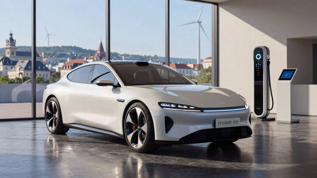Carro elétrico branco estacionado em um ambiente moderno com estação de carregamento ao lado.