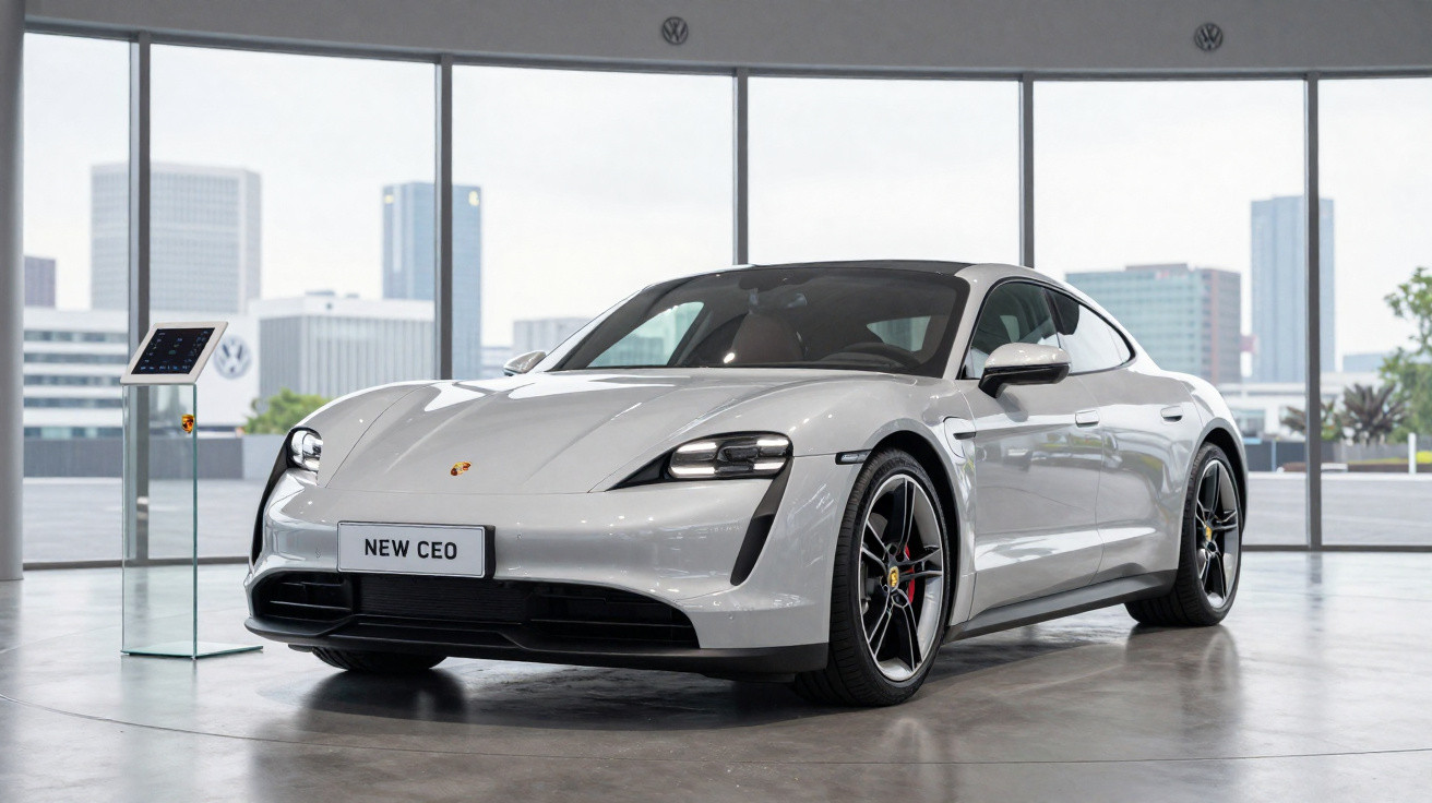 Carro esportivo branco Porsche Taycan Novo CEO em showroom moderno com grandes janelas ao fundo.