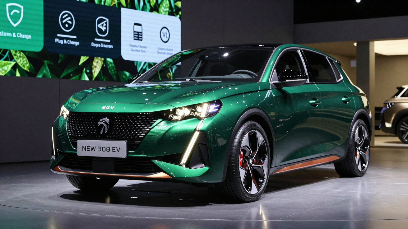 Carro elétrico verde Peugeot New 308 EV exposto em evento com luzes acesas e detalhes em preto e vermelho.