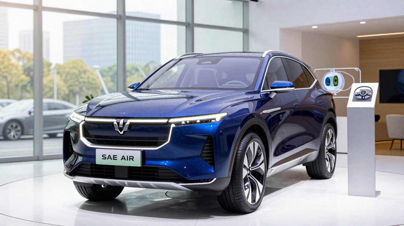 Carro elétrico azul SUV SAE Air estacionado em showroom moderno com estação de carregamento ao lado.