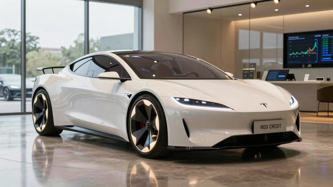 Carro elétrico esportivo branco Tesla em showroom moderno com piso reflexivo e grandes janelas de vidro.