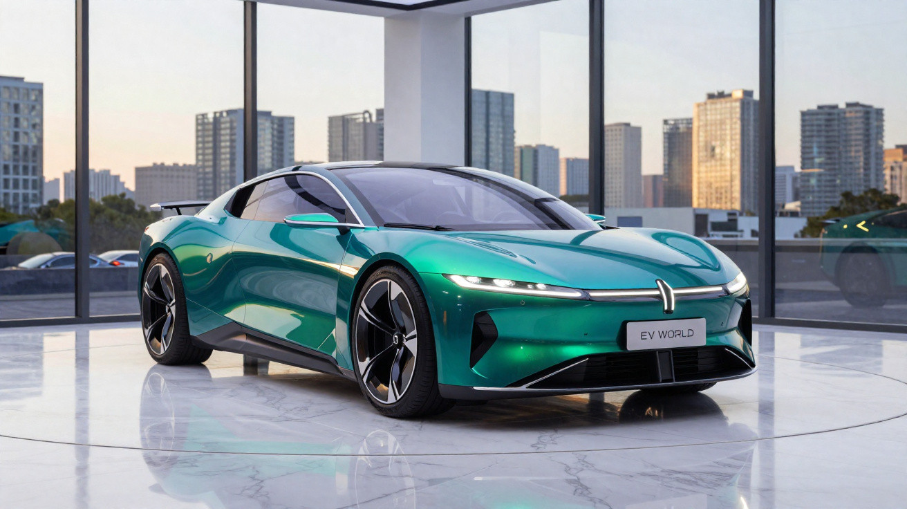 Carro elétrico esportivo verde metálico em exposição em ambiente moderno com janelas e vista de prédios urbanos.