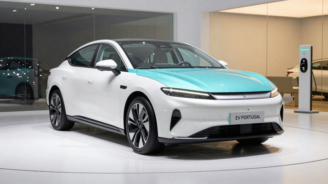 Carro elétrico branco e azul em exposição, com placa "EV Portugal" e estação de recarga ao fundo.