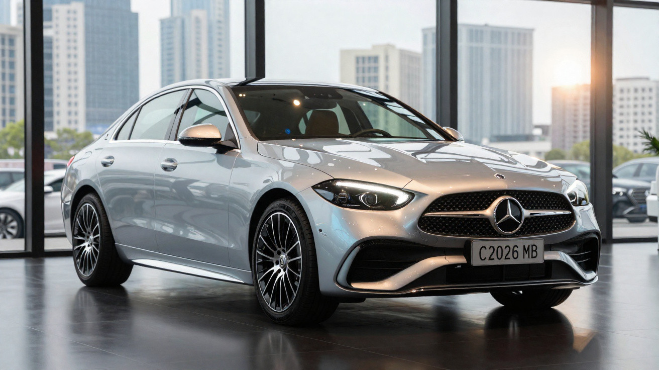 Carro sedan prata Mercedes-Benz estacionado dentro de showroom com prédios ao fundo.